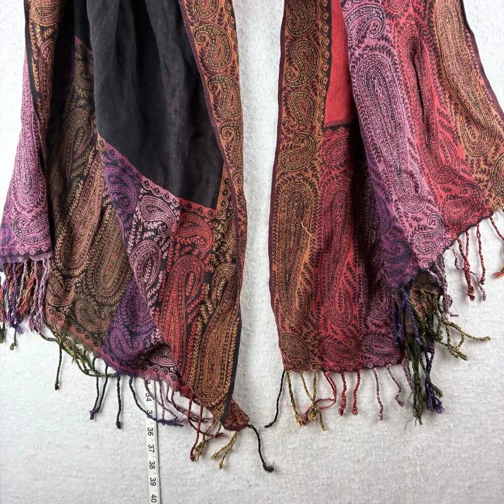 Boho Hippi Scarf Shawl Multicolor Fringe Floral Paisley Motif Stripe Renaissance